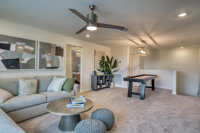 game room with recessed lighting, visible vents, light carpet, and baseboards