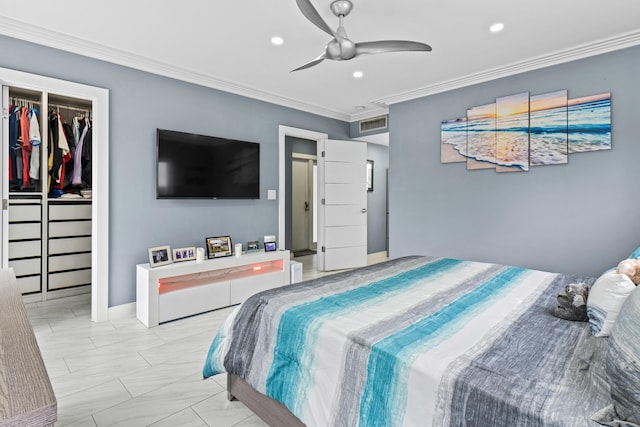 bedroom with ceiling fan, recessed lighting, a closet, a walk in closet, and crown molding