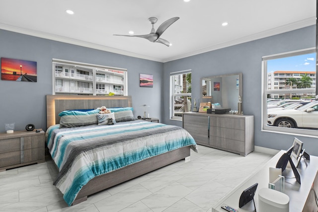 bedroom featuring ceiling fan, recessed lighting, baseboards, and crown molding