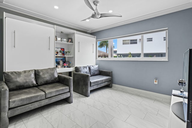 living area featuring marble finish floor, recessed lighting, ornamental molding, ceiling fan, and baseboards