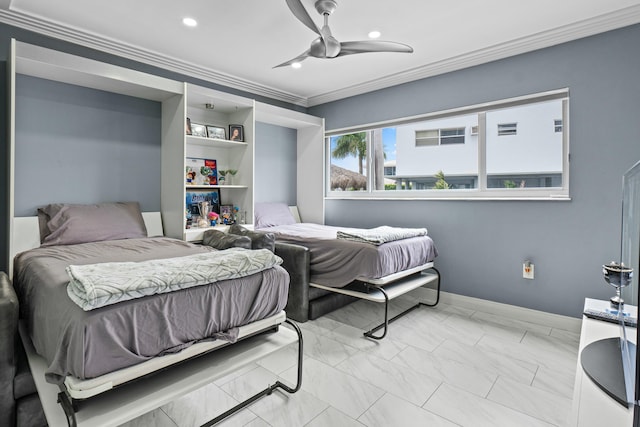 bedroom with ceiling fan, recessed lighting, baseboards, marble finish floor, and crown molding