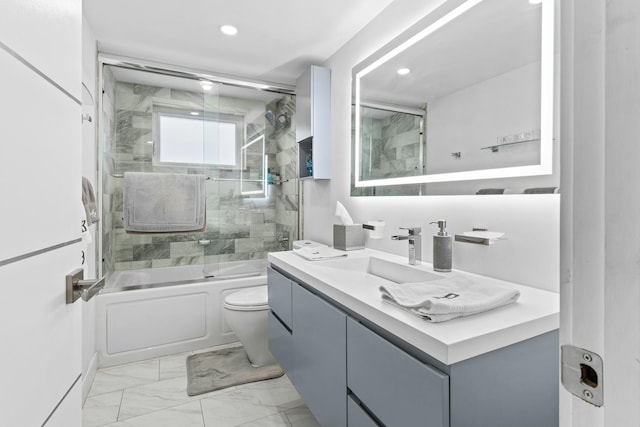 full bath with toilet, shower / bath combination with glass door, marble finish floor, vanity, and recessed lighting