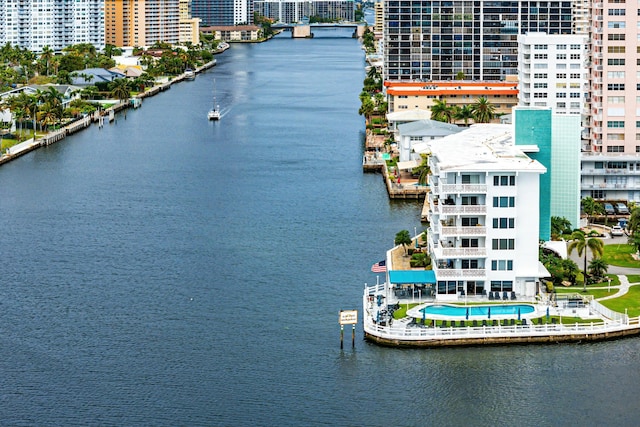 aerial view with a water view and a city view