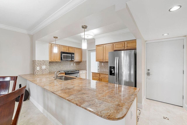 kitchen featuring tasteful backsplash, appliances with stainless steel finishes, ornamental molding, a peninsula, and a sink