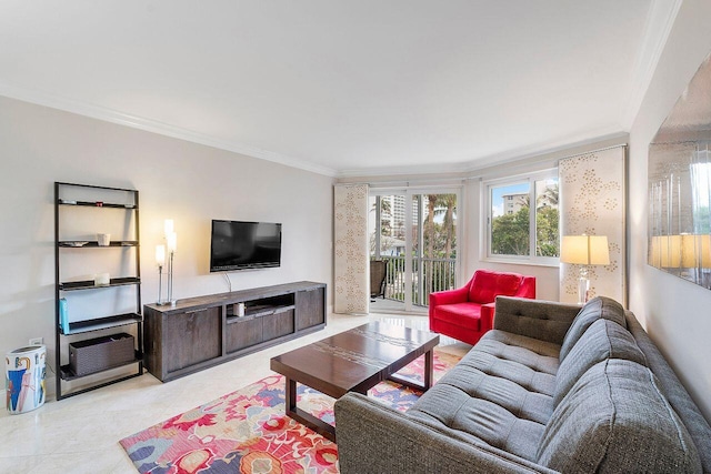 tiled living room with crown molding