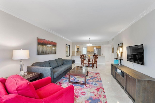 living room featuring baseboards and crown molding