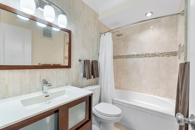 bathroom featuring toilet, shower / tub combo, tile walls, visible vents, and crown molding