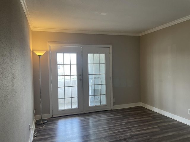 doorway to outside with ornamental molding, french doors, baseboards, and dark wood-style floors