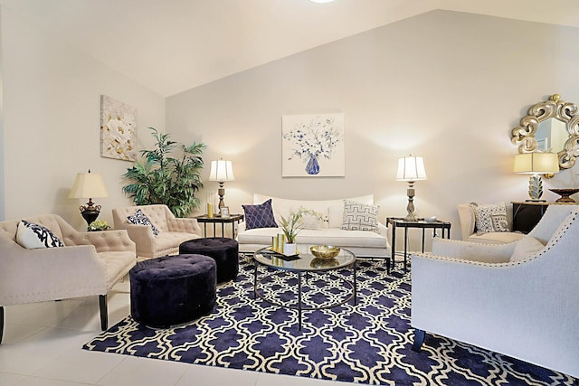 tiled living room with vaulted ceiling