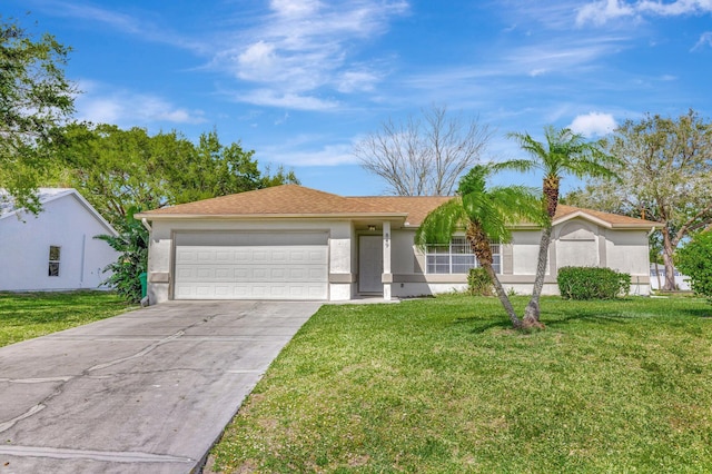 view of front of property featuring concrete driveway, stucco siding, an attached garage, and a front yard