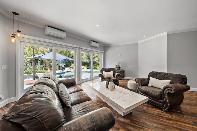 living room featuring dark wood-style floors and a wall unit AC