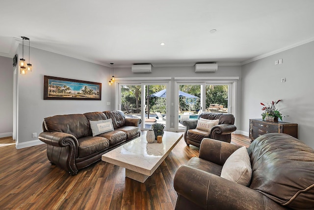 living area with dark wood-style floors, baseboards, ornamental molding, and a wall mounted AC