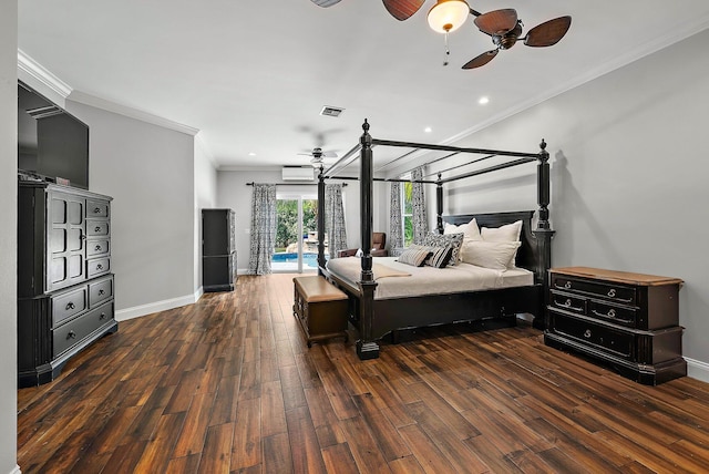 bedroom with baseboards, crown molding, visible vents, and wood finished floors