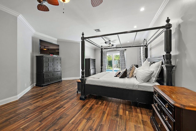 bedroom featuring baseboards, visible vents, ornamental molding, wood finished floors, and recessed lighting