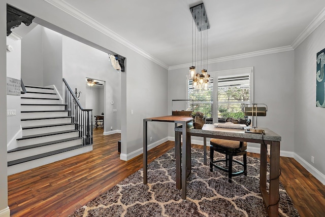 home office featuring baseboards, an inviting chandelier, wood finished floors, and crown molding