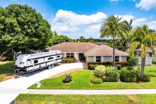 ranch-style home with concrete driveway, stucco siding, and a front lawn