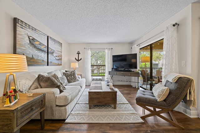 living area with dark wood finished floors and a textured ceiling