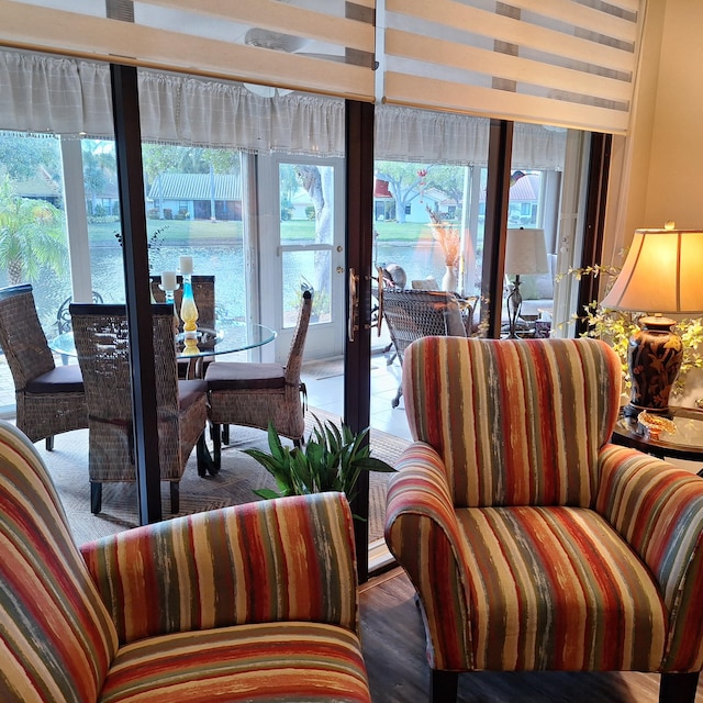 interior space with a wealth of natural light, french doors, and wood finished floors