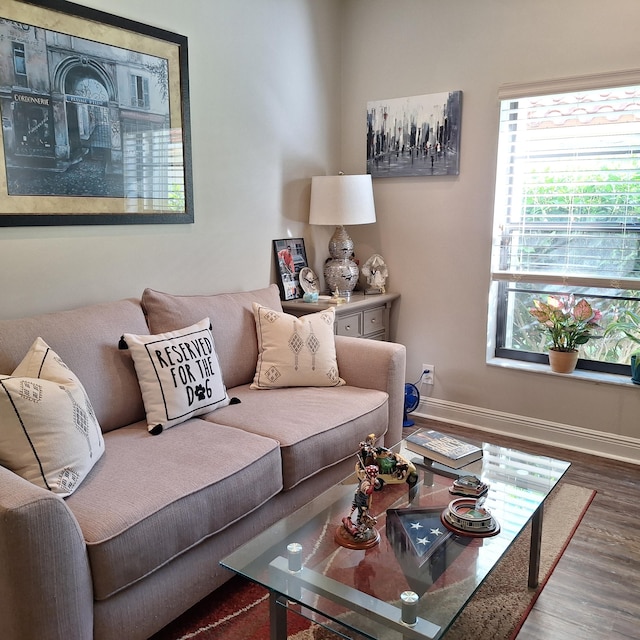 living area with wood finished floors and baseboards