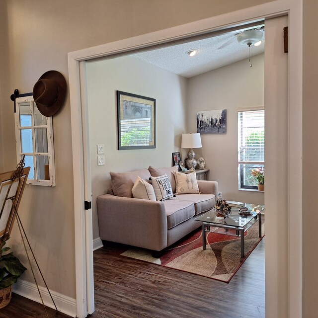 living area featuring lofted ceiling, a textured ceiling, dark wood finished floors, and baseboards