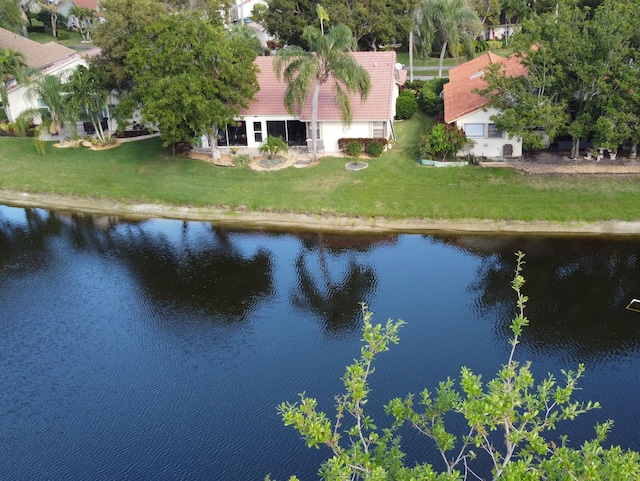 drone / aerial view featuring a water view
