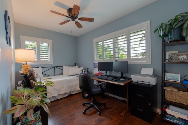 office area featuring ceiling fan and wood finished floors