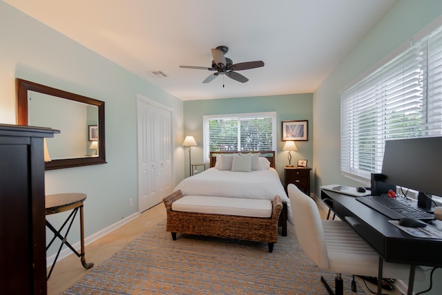 bedroom featuring a ceiling fan, a closet, visible vents, and baseboards