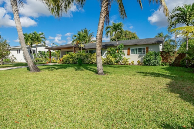 single story home with a front lawn and stucco siding