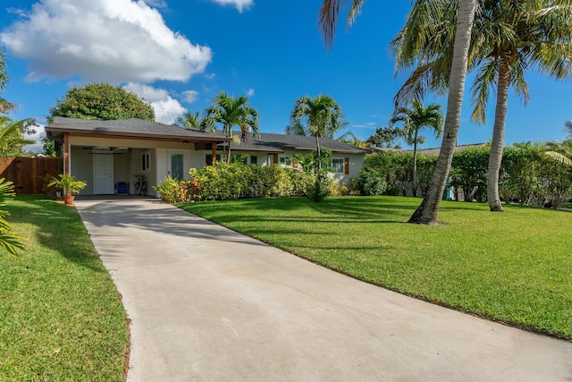 ranch-style home featuring driveway, fence, a carport, and a front yard