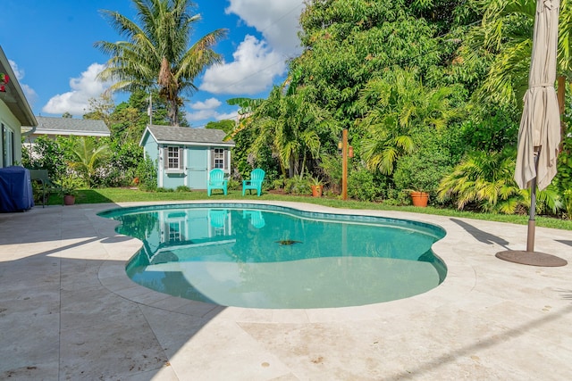 pool featuring a patio and an outdoor structure