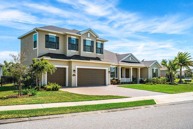 traditional-style home with decorative driveway, stucco siding, a front yard, fence, and a garage