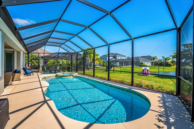 view of pool featuring a lanai, a patio area, and a yard