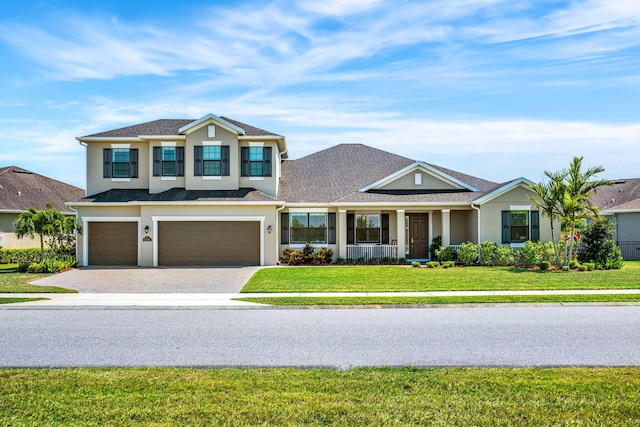 view of front facade with driveway, stucco siding, an attached garage, and a front yard