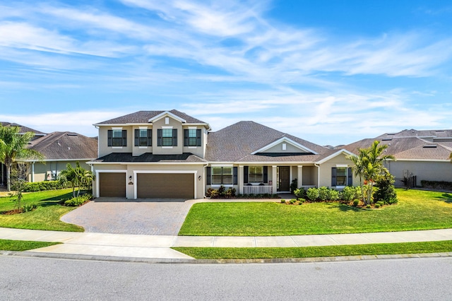 view of front of property with a front yard, decorative driveway, an attached garage, and stucco siding