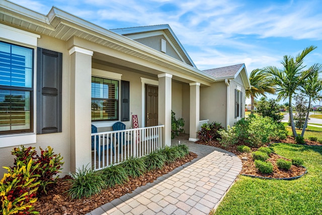 doorway to property featuring covered porch and stucco siding