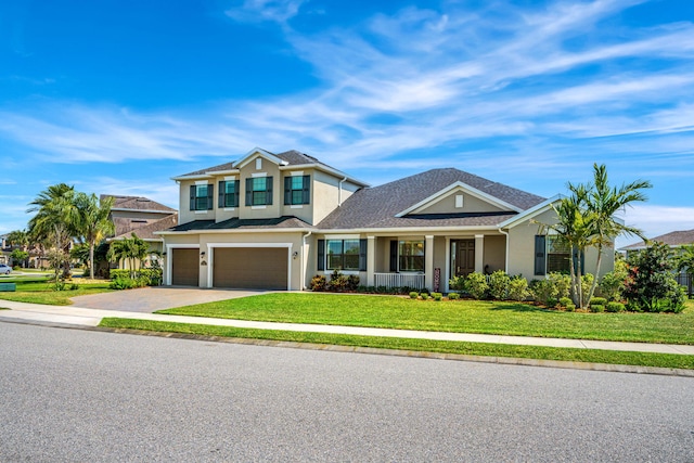 traditional home featuring driveway, an attached garage, a front lawn, a porch, and stucco siding