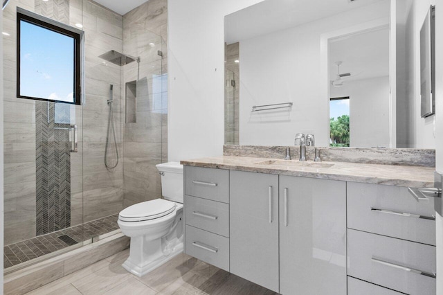 bathroom with toilet, a stall shower, and vanity