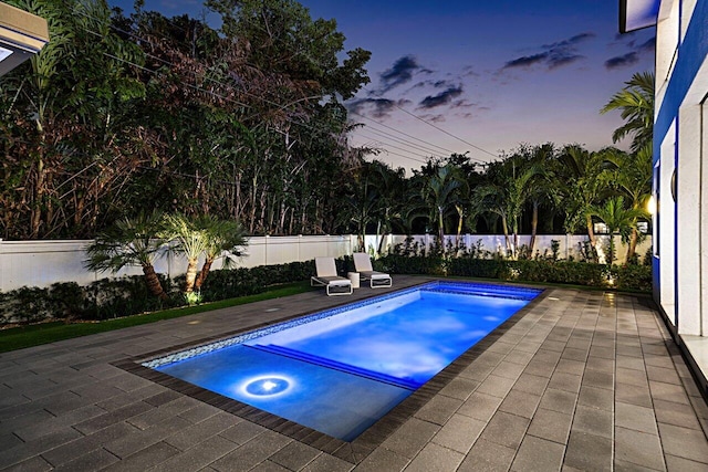 view of pool featuring a fenced backyard, a fenced in pool, and a patio