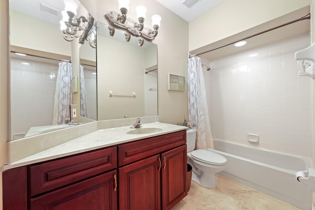 bathroom featuring toilet, visible vents, shower / bath combo with shower curtain, and vanity