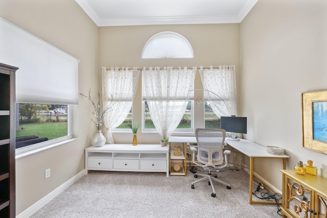 office space with ornamental molding, light carpet, and baseboards