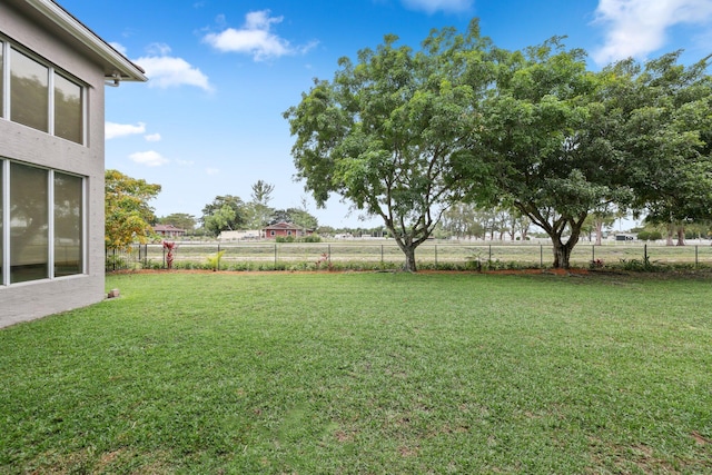 view of yard with a fenced backyard and a rural view