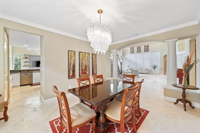 dining space with arched walkways, a notable chandelier, decorative columns, and crown molding