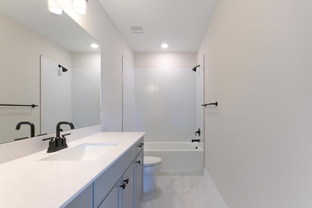 bathroom featuring shower / bathtub combination, toilet, visible vents, vanity, and marble finish floor