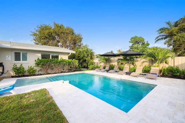 view of swimming pool featuring a fenced in pool, a patio area, and a fenced backyard