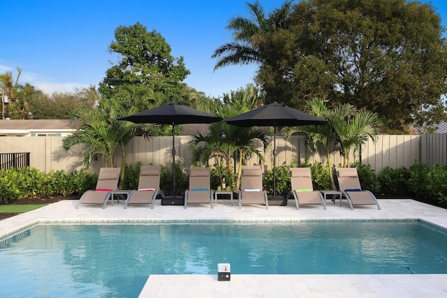 view of pool with a patio area, fence, and a fenced in pool