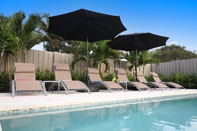 view of swimming pool featuring a fenced in pool, a patio area, and fence