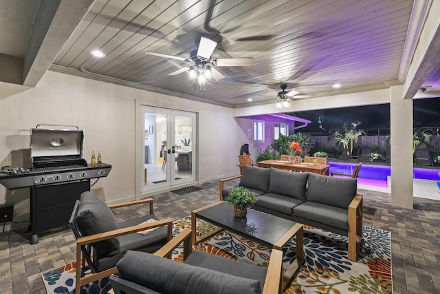 view of patio featuring a ceiling fan, a fenced in pool, fence, french doors, and outdoor lounge area