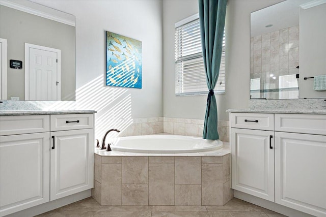 full bath with a garden tub, walk in shower, two vanities, and tile patterned floors