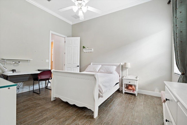 bedroom with ornamental molding, wood finished floors, a ceiling fan, and baseboards