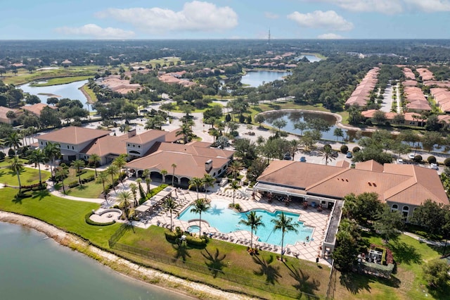 aerial view featuring a water view